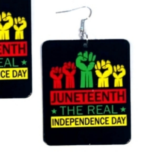 Real Independence Day JUNETEENTH Rectangle Statement Dangle Wood Earrings