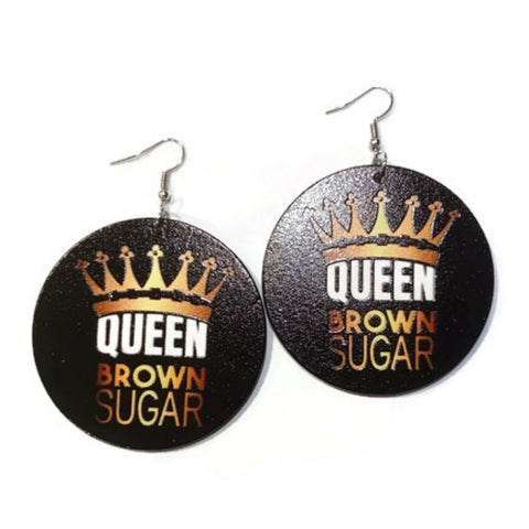 Crown Queen Brown Sugar Black Gold Statement Dangle Wood Earrings