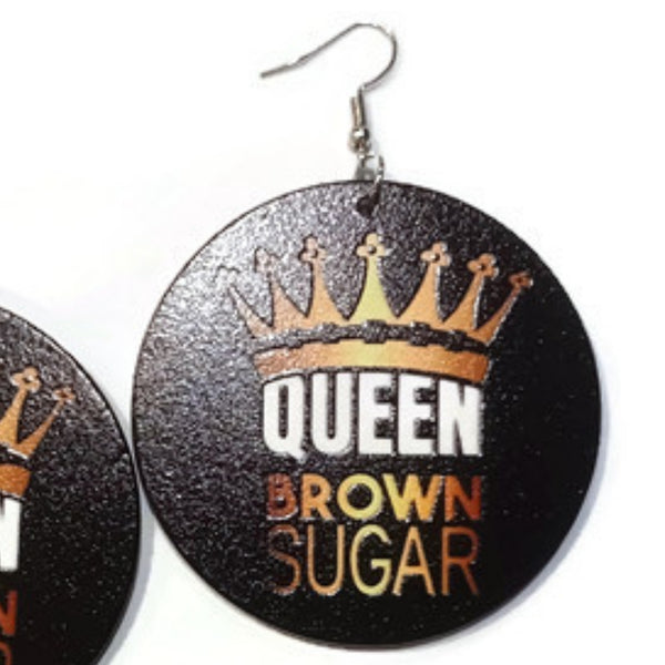 Crown Queen Brown Sugar Black Gold Statement Dangle Wood Earrings