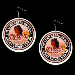 Queen Blessed Great Things Statement Dangle Wood Earrings