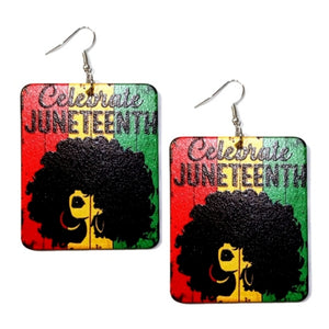 Afro Queen Celebrate Juneteenth Rectangle Statement Dangle Wood Earrings