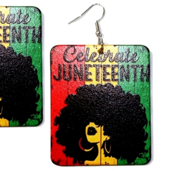 Afro Queen Celebrate Juneteenth Rectangle Statement Dangle Wood Earrings