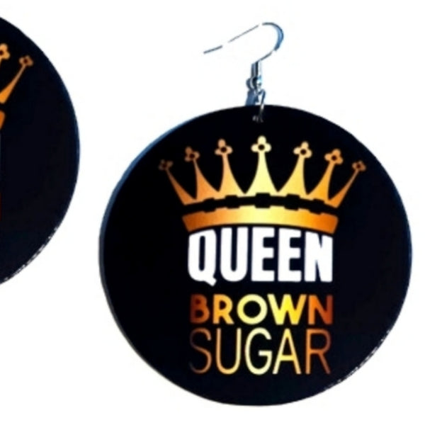 Crown Queen Brown Sugar Black Gold Large Statement Dangle Wood Earrings