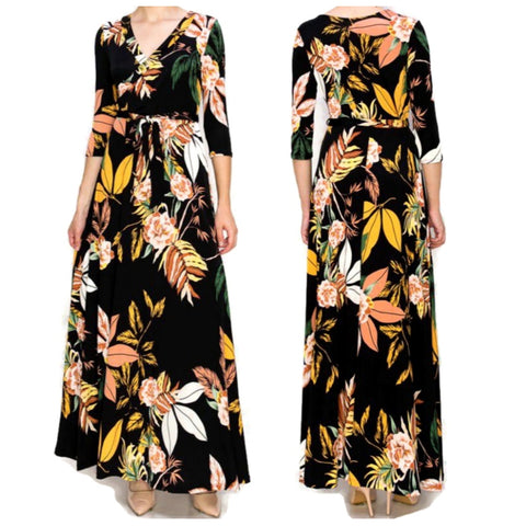 Blushing Tropics Floral Faux Wrap Maxi Dress