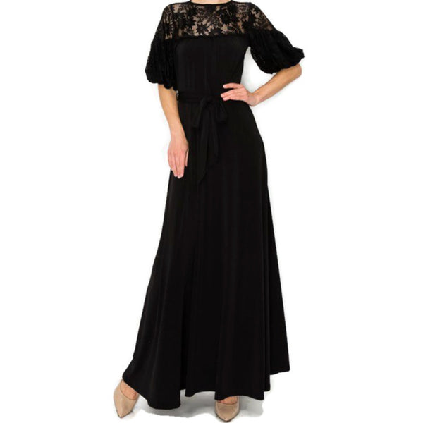 Vintage Victorian Black Lace Bell Short Sleeve Evening Formal Modest Maxi Dress