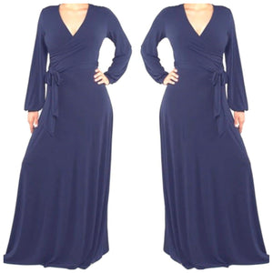 Navy Solid Faux Wrap Cuff Sleeve Maxi Dress