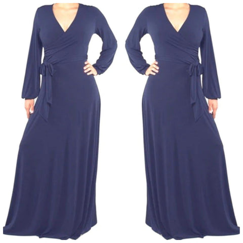 Navy Solid Faux Wrap Cuff Sleeve Maxi Dress