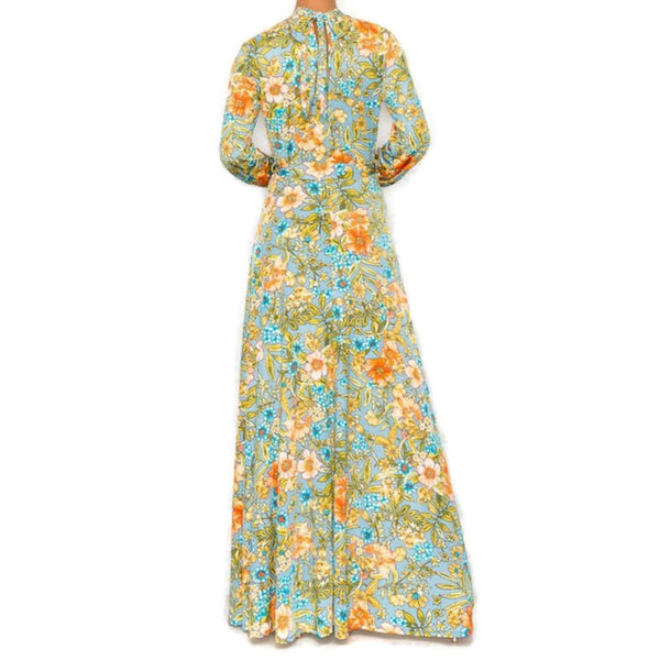 Vintage Denim Blue Peach Floral Cuff Long Sleeve Modest Maxi Dress