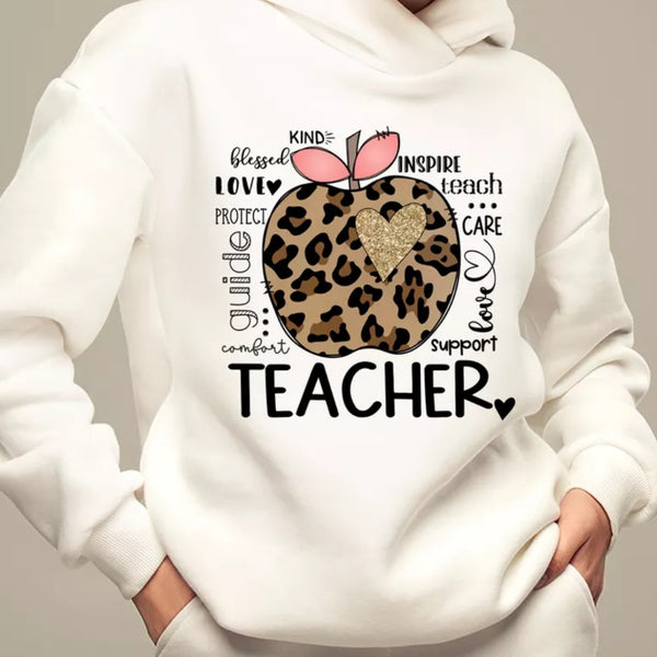 Ready To Press DTF Transfer TEACHER Inspire Apple Leopard Gold Glitter Heart