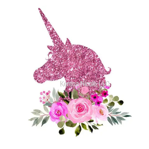 Ready To Press DTF Transfer Pink Glitter Unicorn with Pink Roses