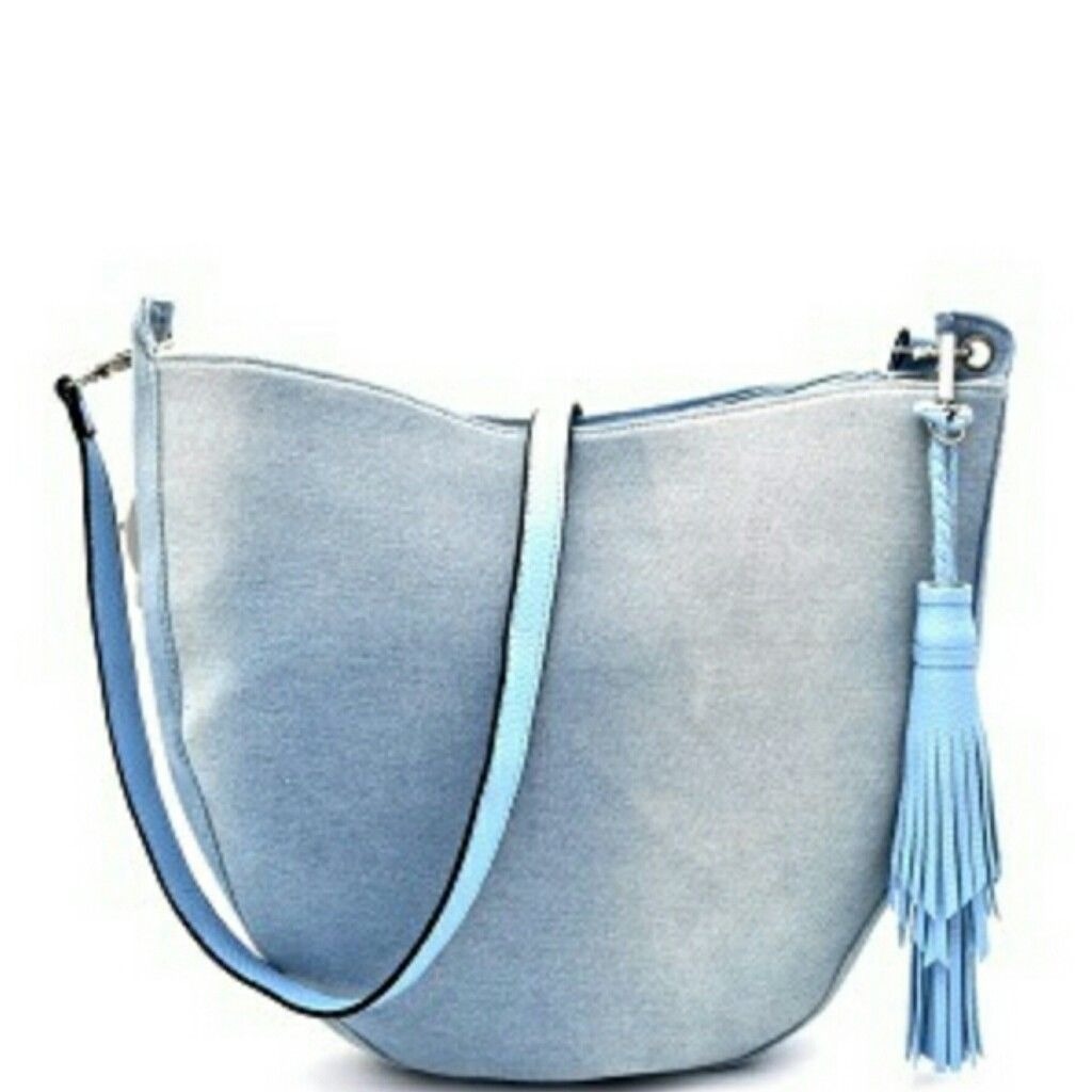 Light Blue Denim Cross Body Large Handbag with Tassel Accent