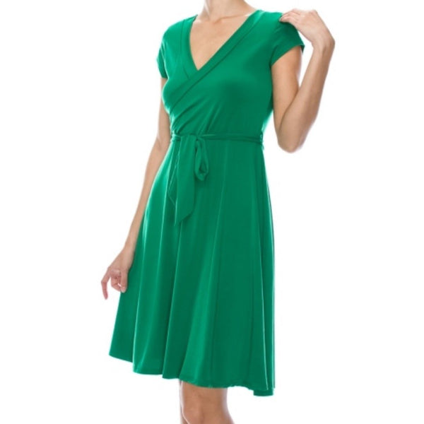 Kelly Green Solid Faux Wrap Knee Length Cap Sleeve Dress