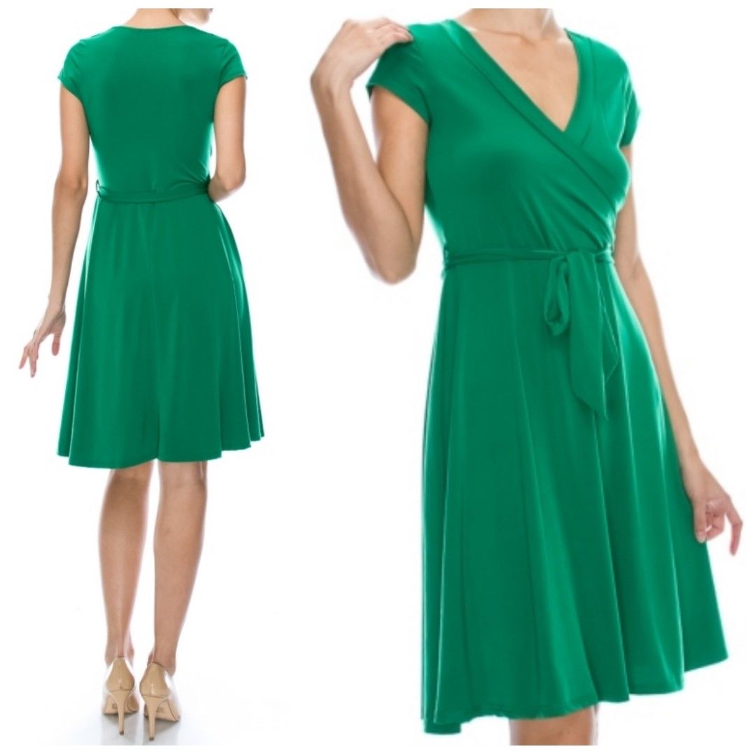 Kelly Green Solid Faux Wrap Knee Length Cap Sleeve Dress