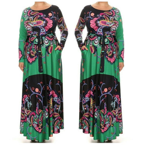Green Plussize Flare Flowing Silhouette Floral Casual Maxi Dress