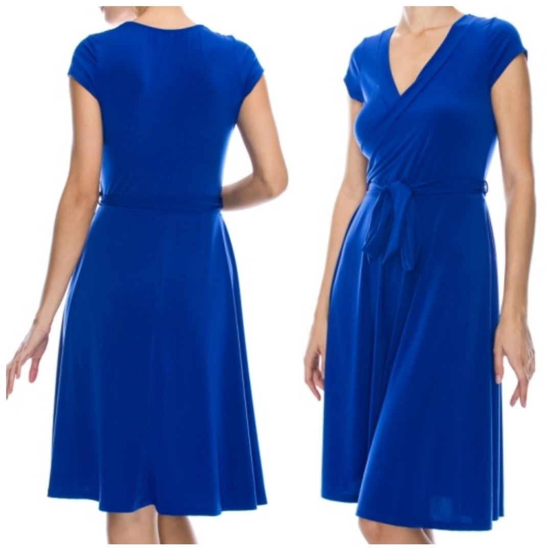 Royal Blue Solid Faux Wrap Knee Length Cap Sleeve Dress