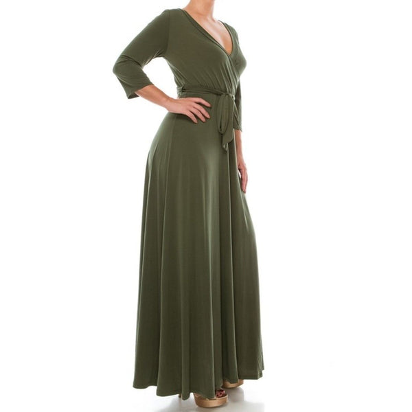 Olive Green Solid Faux Wrap 3/4 Sleeve Maxi Dress