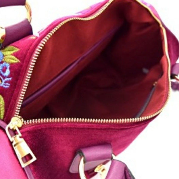 Flower Embroidered Boston Faux Velvet Leather Satchel Wallet Handbag Set