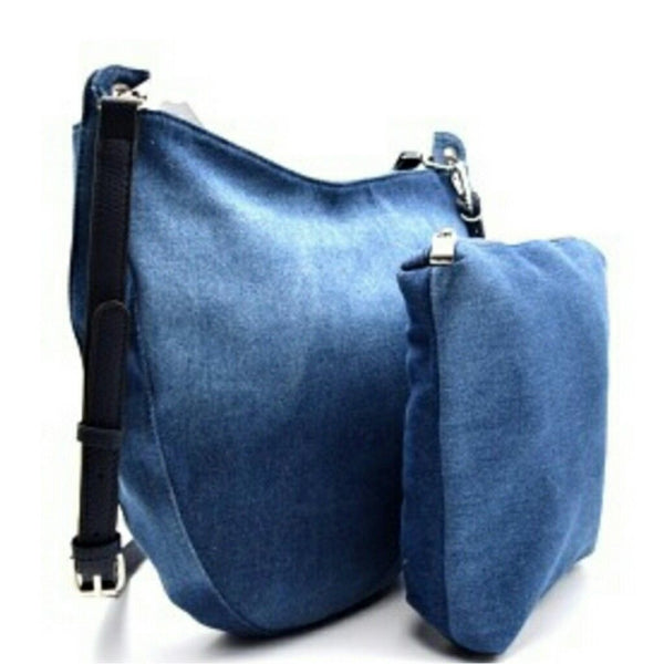 Light Blue Denim Cross Body Large Handbag with Tassel Accent