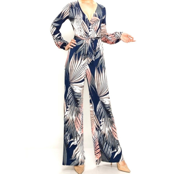 Blush Navy Palm Leaves Long Bell Sleeve Jumpsuit