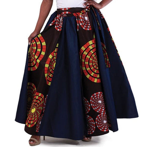 Blue Denim African Multi Circle Print Maxi Skirt with Matching Headwrap