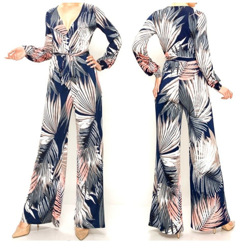 Blush Navy Palm Leaves Long Bell Sleeve Jumpsuit