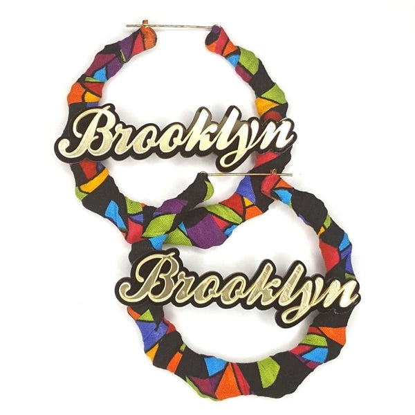 OOAK Black Multi Fabric Wrapped Brooklyn Bamboo Handmade Hoop Earrings