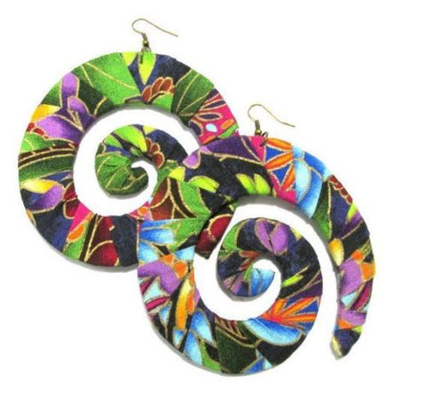 Floral Fabric Wrapped Swirl Handmade Multi Statement Dangle Wood Earrings