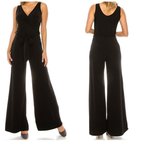 Black Solid Sleeveless Casual Wide Leg Jumpsuit