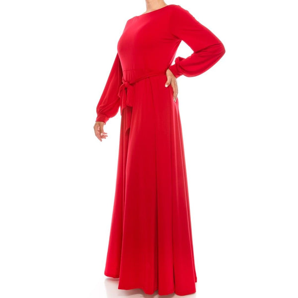 Red Solid Bell Long Sleeve Plussize Maxi Dress