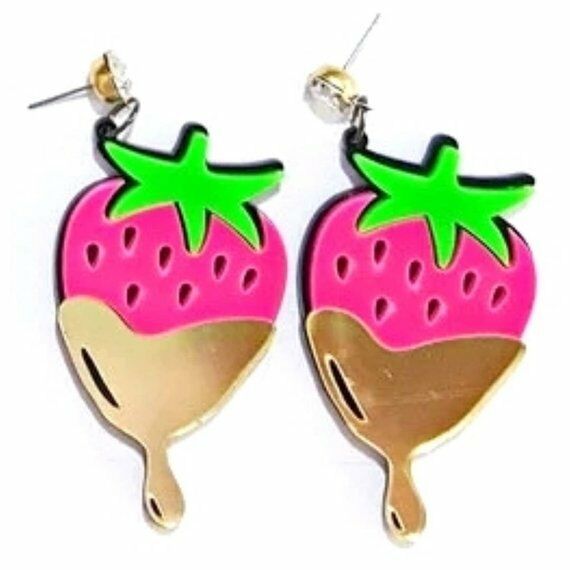Gold Covered Strawberry Acrylic Dangle Drop Statement Earrings