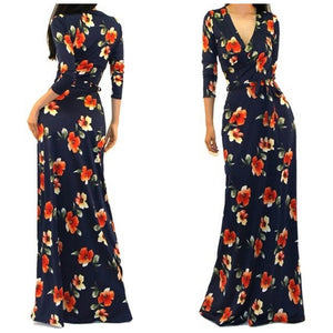 Navy Floral Faux Wrap 3/4 Sleeve Evening Casual Party Maxi Dress