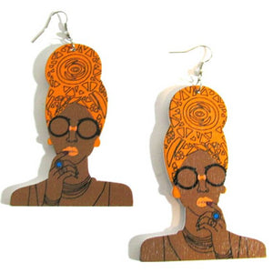 Queen Orange Turban Statement Dangle Wood Earrings