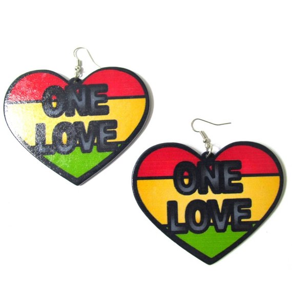 ONE LOVE Heart Statement Dangle Wood Earrings