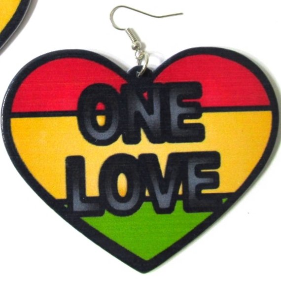 ONE LOVE Heart Statement Dangle Wood Earrings