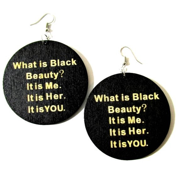 What is Black Beauty ME HER YOU Statement Dangle Engraved Wood Earrings