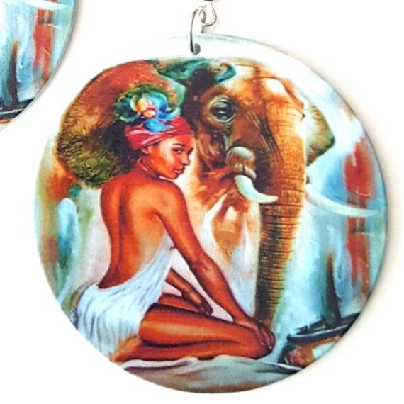 Goddess Luck Elephant Statement Dangle Wood Earrings