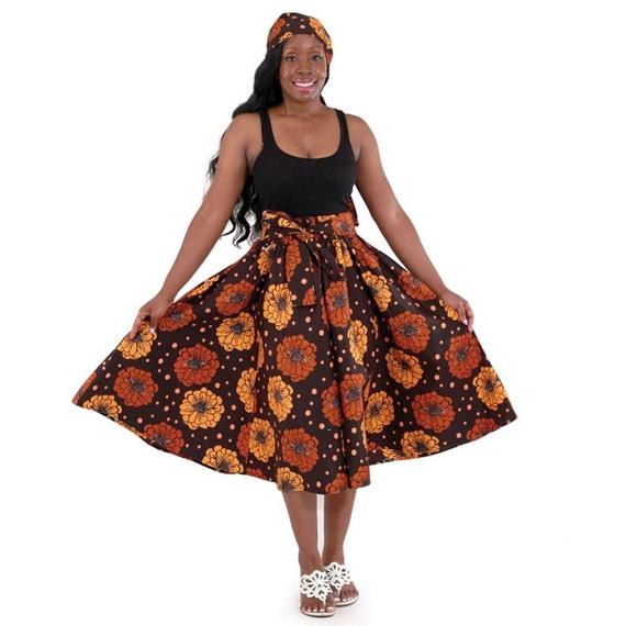 Brown Daisies Flare African Skirt with Matching Headwrap