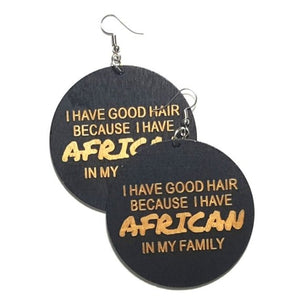 GOOD HAIR African In My Family Statement Dangle Engraved Wood Earrings