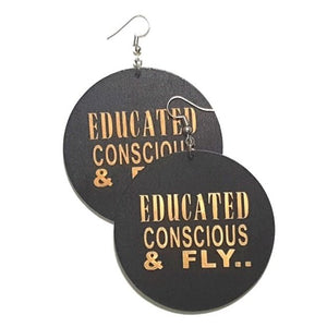 Educated Conscious Fly Statement Dangle Engraved Wood Earrings