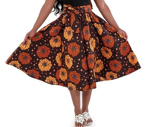 Brown Daisies Flare African Skirt with Matching Headwrap
