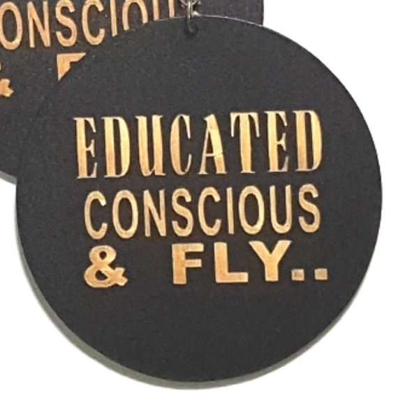 Educated Conscious Fly Statement Dangle Engraved Wood Earrings