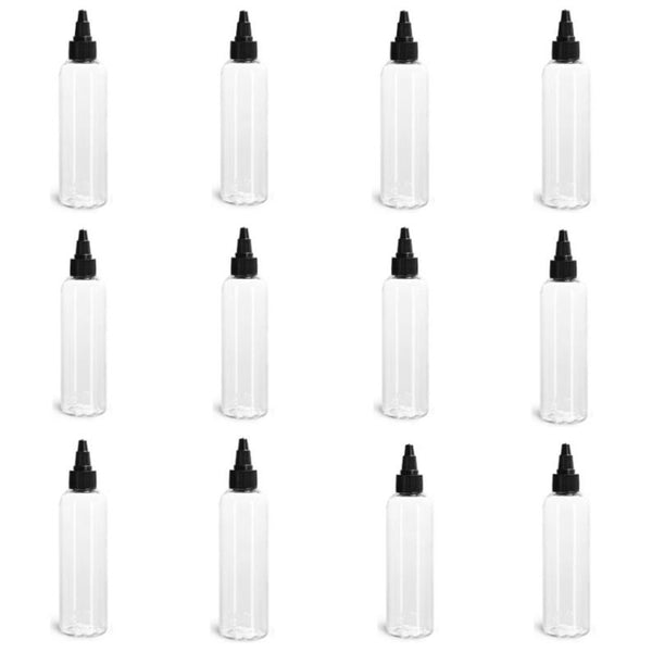 4oz Clear Plastic Bottles with Black Black Twist Top Dispensing Caps - Set of 12
