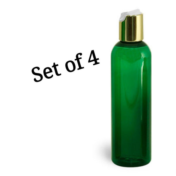 8oz Green Plastic Bottles with Gold Disc Dispensing Caps - Set of 4