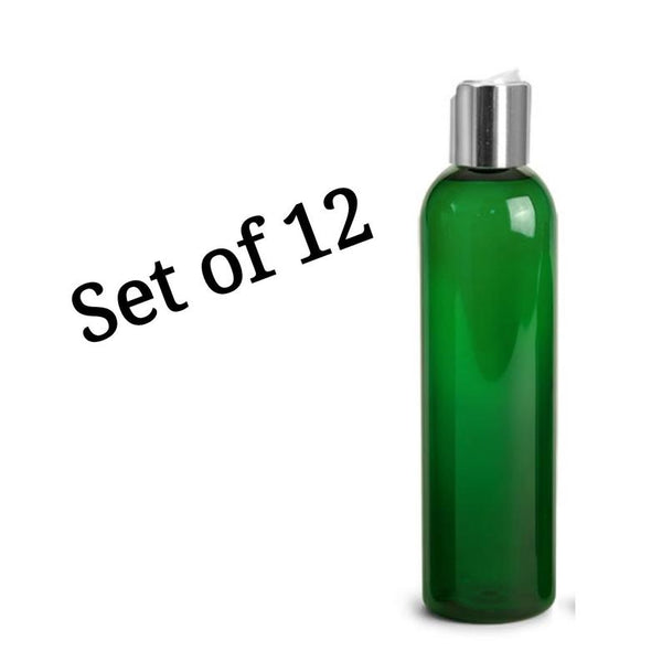 8oz Green Plastic Bottles with Silver Disc Dispensing Caps - Set of 12