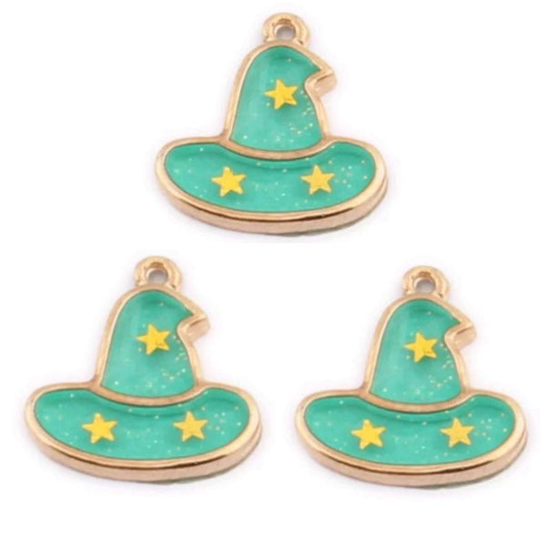 Halloween Witch Wizard Hat Green Gold Charms