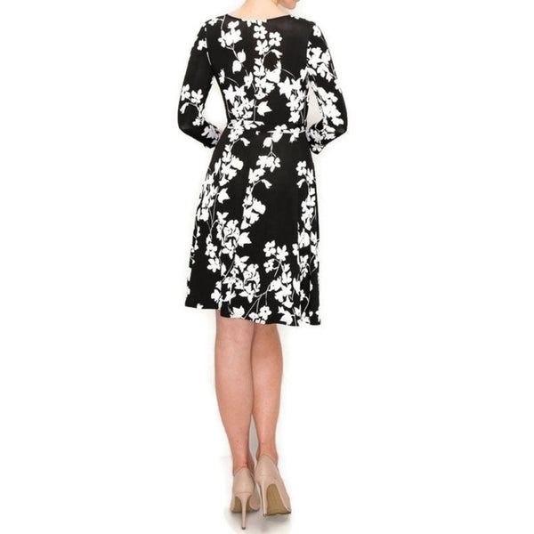 Black White Floral Faux Wrap Knee Length Dress
