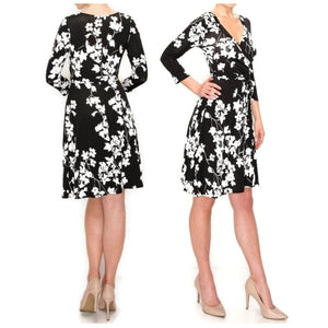 Black White Floral Faux Wrap Knee Length Dress