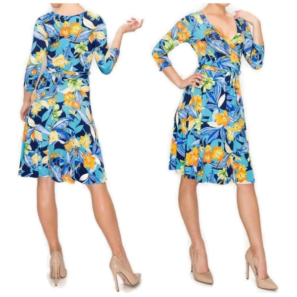 Sea Blue Floral Faux Wrap Knee Length Dress