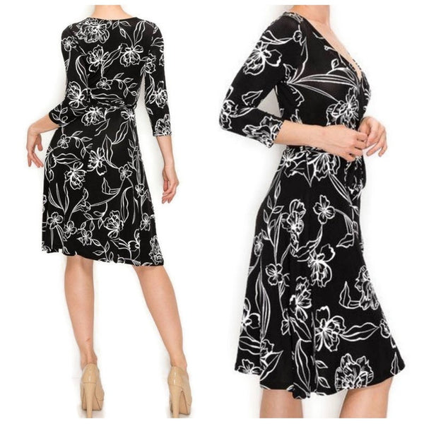 Black White Stencil Floral Faux Wrap Knee Length Dress