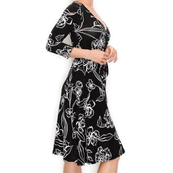 Black White Stencil Floral Faux Wrap Knee Length Dress